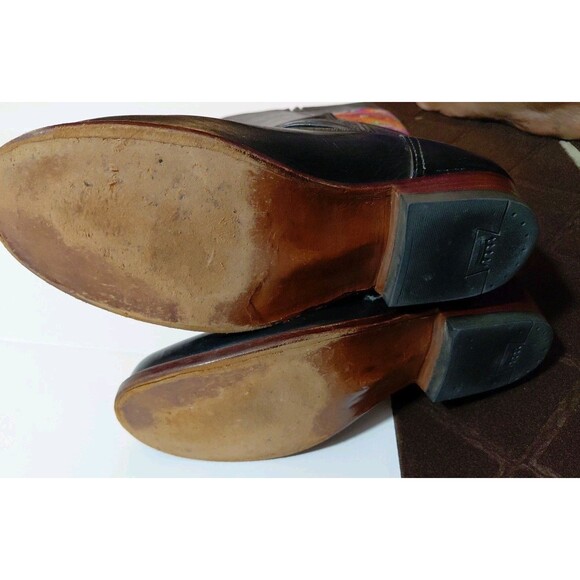 Women's 9.5-10 Calf Length Strap Buckle Tapestry Accent Black Leather Zip Boots - Picture 7 of 8